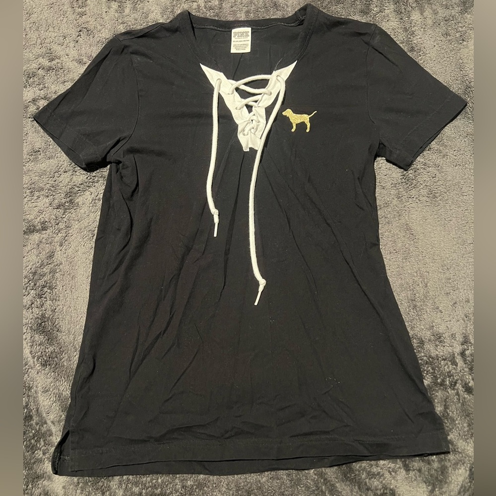 PINK by Victoria Secret XS black top gold & white design & draw string front